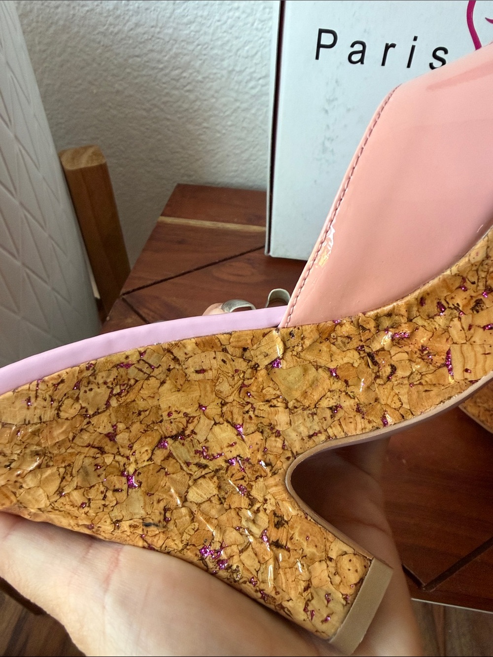Paris Hilton Pink Patent Cork Wedge Mules - Picture 4 of 6